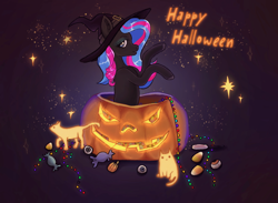 Size: 1920x1408 | Tagged: safe, artist:soudooku, oc, oc only, oc:obabscribbler, cat, earth pony, pony, candy, commission, food, halloween, hat, holiday, jack-o-lantern, pumpkin, slot, solo, sparkles, sweets, witch, witch hat