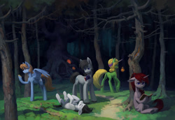 Size: 2178x1500 | Tagged: safe, artist:koviry, oc, oc only, earth pony, pegasus, pony, unicorn, book, forest, group