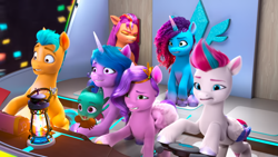 Size: 1920x1080 | Tagged: safe, screencap, hitch trailblazer, izzy moonbow, misty brightdawn, pipp petals, sparky sparkeroni, sunny starscout, zipp storm, dragon, earth pony, pegasus, pony, unicorn, g5, my little pony: make your mark, my little pony: make your mark chapter 6, the isle of scaly, spoiler:g5, spoiler:my little pony: make your mark chapter 6, spoiler:mymc06e01, female, male, mane five, mane six (g5), mane stripe sunny, mare, rebirth misty, stallion