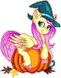 Size: 970x1240 | Tagged: safe, artist:epicvon, artist:galaxy swirl, fluttershy, pegasus, pony, g4, colored hooves, colored wings, ear fluff, female, hat, leaves, manepxls, mare, pixel art, pumpkin, pxls.space, simple background, smiling, solo, transparent background, unshorn fetlocks, wings, witch hat