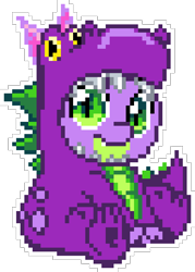 Size: 480x670 | Tagged: safe, artist:epicvon, spike, dragon, g4, baby, baby dragon, clothes, costume, cute, dragon costume, looking at you, male, manepxls, pixel art, pxls.space, simple background, sitting, smiling, smiling at you, solo, spikabetes, transparent background