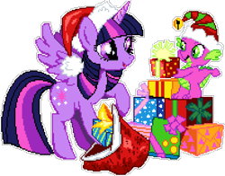 Size: 1020x800 | Tagged: safe, artist:epicvon, spike, twilight sparkle, alicorn, dragon, pony, g4, backwards cutie mark, christmas, female, hat, hearth's warming, holiday, horn, male, manepxls, mare, pixel art, present, pxls.space, raised hoof, sack, santa hat, simple background, smiling, spread wings, transparent background, twilight sparkle (alicorn), wings