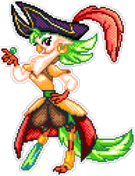 Size: 970x1270 | Tagged: safe, artist:dasheroni, captain celaeno, bird, parrot, anthro, g4, my little pony: the movie, amputee, female, jewelry, looking at you, manepxls, peg leg, pixel art, prosthetic leg, prosthetic limb, prosthetics, pxls.space, ring, simple background, smiling, smiling at you, solo, transparent background