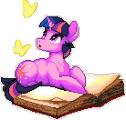 Size: 690x660 | Tagged: safe, artist:epicvon, artist:yakovlev-vad, twilight sparkle, butterfly, pony, unicorn, g4, book, cute, female, lying down, manepxls, mare, open mouth, pixel art, prone, pxls.space, simple background, solo, sternocleidomastoid, transparent background, unicorn twilight