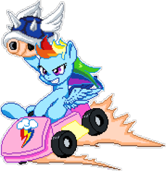 Size: 895x925 | Tagged: safe, artist:dstears, artist:epicvon, rainbow dash, pegasus, pony, g4, blue shell, crossover, female, go kart, grin, manepxls, mare, mario kart, pixel art, pxls.space, simple background, smiling, solo, this will end in explosions, transparent background