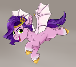 Size: 2000x1774 | Tagged: safe, artist:rutkotka, pipp petals, bat pony, pegasus, pony, g5, adorapipp, bat ears, bat pipp, bat ponified, bat wings, colored eyebrows, cute, cute little fangs, diadem, eyebrows, fangs, female, flying, gradient background, gray background, jewelry, looking at you, mare, open mouth, open smile, pippbat, race swap, regalia, smiling, smiling at you, solo, spread wings, unshorn fetlocks, wings