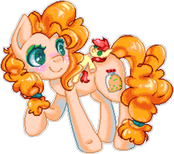 Size: 952x840 | Tagged: safe, artist:dasheroni, artist:patchnpaw, bright mac, pear butter, earth pony, pony, g4, blushing, cute, female, looking back, manepxls, mare, pixel art, plushie, pxls.space, raised hoof, simple background, smiling, transparent background