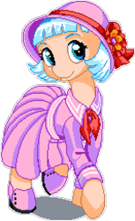 Size: 745x1215 | Tagged: safe, artist:dstears, artist:epicvon, coco pommel, earth pony, pony, g4, 20s, clothes, dress, female, hat, looking at you, manepxls, mare, pixel art, pxls.space, raised hoof, raised leg, simple background, smiling, solo, transparent background