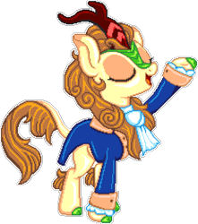 Size: 1050x1190 | Tagged: safe, artist:epicvon, artist:vector-brony, autumn blaze, kirin, g4, sounds of silence, a kirin tale, broadway, clothes, cloven hooves, eyes closed, female, hamilton, manepxls, musical, open mouth, pixel art, pxls.space, raised hoof, reference, simple background, singing, solo, transparent background