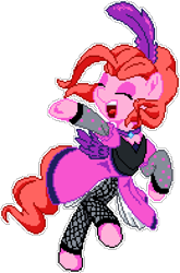 Size: 650x985 | Tagged: safe, artist:dstears, artist:epicvon, pinkie pie, earth pony, pony, g4, over a barrel, alternate hairstyle, clothes, dress, eyes closed, feather, female, fishnet stockings, manepxls, mare, open mouth, pixel art, pxls.space, raised hoof, saloon dress, saloon pinkie, simple background, singing, solo, stockings, thigh highs, transparent background