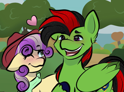 Size: 2048x1535 | Tagged: safe, artist:doodle-hooves, oc, oc only, oc:lightning weather, oc:quickdraw, earth pony, pegasus, pony, blushing, clothes, commissioner:dhs, couple, cowboy hat, curly hair, detailed background, duo, freckles, green eyes, hat, heart, looking forward, one eye closed, outdated design, park, purple eyes, purple hair, scarf, smiling, two toned hair, wink