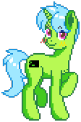 Size: 560x850 | Tagged: safe, artist:mishicheeto, editor:cocoa bittersweet, oc, oc only, oc:green byte, pony, unicorn, looking at you, male, manepxls, pixel art, pxls.space, raised hoof, raised leg, simple background, smiling, solo, stallion, transparent background