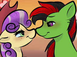 Size: 2048x1535 | Tagged: safe, artist:doodle-hooves, oc, oc only, oc:lightning weather, oc:quickdraw, pony, blushing, boop, commissioner:dhs, cowboy hat, curly hair, duo, eye lashes, freckles, gradient background, green coat, green eyes, hat, heart, loving gaze, noseboop, nuzzling, orange background, outdated design, purple eyes, smiling, two toned hair, yellow coat
