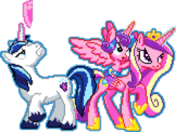 Size: 810x610 | Tagged: safe, artist:tihan, princess cadance, princess flurry heart, shining armor, alicorn, pony, unicorn, g4, angry, female, filly, foal, folded wings, glowing, glowing horn, horn, magic, magic aura, male, manepxls, mare, pixel art, pxls.space, raised hoof, shield, simple background, spread wings, stallion, transparent background, wings