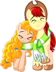 Size: 990x1255 | Tagged: safe, artist:cloudy glow, artist:epicvon, artist:lukaat, bright mac, pear butter, earth pony, pony, g4, the perfect pear, clothes, cowboy hat, eyes closed, female, hat, male, manepxls, mare, pixel art, pxls.space, scarf, shared clothing, shared scarf, ship:brightbutter, shipping, simple background, smiling, stallion, stetson, straight, striped scarf, transparent background, unshorn fetlocks