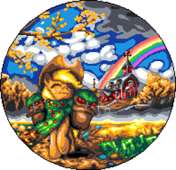 Size: 975x945 | Tagged: safe, artist:dasheroni, artist:huussii, applejack, earth pony, pony, g4, apple, applejack's hat, autumn, basket, clothes, cloud, cottagecore, cowboy hat, dark clouds, eyes closed, female, food, hat, manepxls, mare, mud, pixel art, pxls.space, rainbow, raised hoof, scarf, scenery, simple background, smiling, solo, sweet apple acres, transparent background, tree