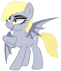 Size: 2355x2750 | Tagged: safe, artist:sscorpionsss, artist:twilyisbestpone, derpy hooves, bat pony, pony, g4, base used, bat ponified, bat wings, derpybat, eyeshadow, fangs, female, high res, makeup, mare, race swap, raised hoof, simple background, smiling, solo, transparent background, underp, wings