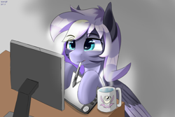 Size: 3000x2000 | Tagged: safe, artist:rainenight, oc, oc only, oc:moonlight flower, pegasus, pony, colored wings, drawing, eyebrows, eyebrows visible through hair, graphics tablet, gray background, high res, hooves on the table, monitor, mouth hold, pc, simple background, solo, table, tablet pen, two toned wings, whisker markings, wings