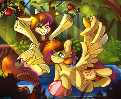 Size: 2378x1949 | Tagged: safe, alternate version, artist:yuris, oc, oc only, oc:noctalia, oc:yuris, bat pony, pegasus, pony, basket, bat pony oc, blanket, bush, ears back, ears up, food, forest, frog (hoof), fruit, grass, lying down, picnic, sitting, smiling, tree, underhoof, wing hands, wings