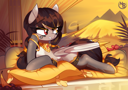 Size: 3529x2488 | Tagged: safe, artist:nevobaster, oc, oc only, oc:mayata, pegasus, pony, banana, bedroom eyes, clothes, collar, desert, egyptian, evening, female, food, gloves, heterochromia, high res, jewelry, lingerie, lying down, makeup, mare, pegasus oc, pillow, pyramid, stockings, thigh highs