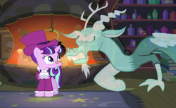 Size: 1186x726 | Tagged: safe, artist:ldrmas, edit, edited screencap, editor:incredibubbleirishguy, screencap, vector edit, discord, snowfall frost, starlight glimmer, draconequus, ghost, pony, undead, unicorn, a hearth's warming tail, g4, to where and back again, a christmas carol, alternate scenario, clothes, deleted scene, ebenezer scrooge, ghost discord, glasses, hat, jabot, jacob marley, shirt, top hat, vector