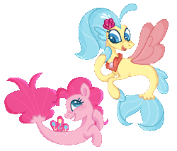 Size: 718x616 | Tagged: safe, artist:ponyjuno, pinkie pie, princess skystar, earth pony, seapony (g4), g4, my little pony: the movie, abstract background, animated, art trade, blue eyes, blue mane, blushing, digital art, dorsal fin, duo, duo female, female, fin, fin wings, fins, fish tail, floppy ears, flower, flower in hair, flowing mane, flowing tail, gif, jewelry, lesbian, looking at each other, looking at someone, mare, necklace, pearl necklace, seaponified, seapony pinkie pie, ship:skypie, shipping, simple background, smiling, smiling at each other, species swap, tail, transparent background, wings