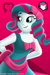 Size: 2250x3376 | Tagged: safe, artist:apebe, oc, oc only, oc:pinkie rose, human, equestria girls, g4, abstract background, closed mouth, clothes, dress, female, gradient background, happy, high res, icon, solo, symbol, watermark