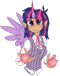 Size: 1920x2440 | Tagged: safe, artist:mrufka69, twilight sparkle, human, g4, alicorn humanization, alternate hairstyle, blushing, clothes, elf ears, female, freckles, glasses, horn, horned humanization, humanized, magic, shirt, simple background, solo, sweater vest, transparent background, winged humanization