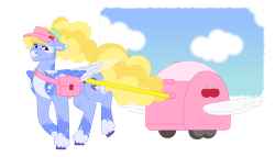 Size: 1280x732 | Tagged: safe, artist:itstechtock, fifi (g5), pegasus, pony, g5, bag, cart, cute, female, hat, mare, ponytail, saddle bag, simple background, solo, tongue out, transparent background, unshorn fetlocks