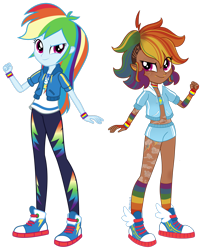 Size: 1920x2371 | Tagged: safe, artist:mrufka69, rainbow dash, human, equestria girls, g4, alternate hairstyle, belly button, choker, clothes, converse, dark skin, duality, ear piercing, earring, elf ears, eqg promo pose set, female, fingerless gloves, gloves, high res, hoodie, humanized, jewelry, leggings, lip piercing, midriff, nose piercing, nose ring, piercing, rainbow socks, redesign, shirt, shoes, shorts, simple background, slit pupils, sneakers, socks, solo, sports bra, sports shorts, striped socks, t-shirt, tattoo, transparent background
