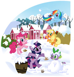 Size: 740x768 | Tagged: safe, artist:daniel jorge conci, egmont, applejack, pinkie pie, rainbow dash, spike, twilight sparkle, dragon, earth pony, pegasus, pony, unicorn, g4, official, 2d, barrel, flying, happy, looking at you, magazine, panini, ponyville, snow, snowball, snowball fight, stock vector, unicorn twilight, vector, winter