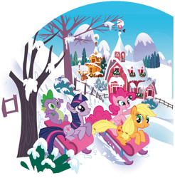 Size: 709x720 | Tagged: safe, artist:daniel jorge conci, egmont, applejack, pinkie pie, spike, twilight sparkle, dragon, earth pony, pony, unicorn, g4, official, 2010s, 2d, happy, looking at you, magazine, panini, ponyville, sitting, sleigh, snow, tree, unicorn twilight, vector, winter