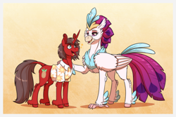Size: 1772x1181 | Tagged: safe, artist:inuhoshi-to-darkpen, queen novo, oc, oc:ironyoshi, classical hippogriff, classical unicorn, hippogriff, pony, unicorn, g4, my little pony: the movie, clothes, cloven hooves, commission, happy, horn, leonine tail, looking at each other, looking at someone, shirt, unshorn fetlocks