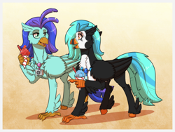 Size: 1574x1181 | Tagged: safe, artist:inuhoshi-to-darkpen, oc, oc only, oc:icebeak, oc:sea lilly, classical hippogriff, hippogriff, camera, commission, duo, food, holding, jewelry, looking at each other, looking at someone, necklace, simple background, snow cone, spoon