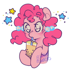 Size: 2000x2000 | Tagged: safe, artist:fewderpewders, pinkie pie, earth pony, pony, g4, alternate hairstyle, bubble tea, drink, drinking straw, high res, hoof hold, sipping, solo, stars, straw, straw in mouth