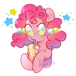 Size: 2000x2000 | Tagged: safe, alternate version, artist:fewderpewders, pinkie pie, earth pony, pony, g4, alternate hairstyle, bubble tea, drink, drinking straw, high res, sipping, solo, stars