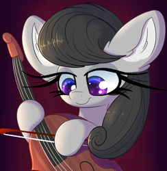 Size: 2527x2585 | Tagged: safe, artist:windykirin, octavia melody, earth pony, pony, g4, big ears, bow (instrument), cello, cute, ear fluff, female, high res, hoof hold, impossibly long eyelashes, long eyelashes, looking at something, mare, musical instrument, smiling, solo, tavibetes