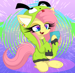 Size: 5270x5142 | Tagged: safe, artist:windykirin, fluttershy, pegasus, pony, antonymph, cutiemarks (and the things that bind us), vylet pony, g4, absurd resolution, clothes, fangs, female, fluttgirshy, gir, hoodie, invader zim, long eyelashes, looking at something, mare, open mouth, open smile, sitting, smiling, solo