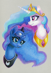 Size: 842x1200 | Tagged: safe, artist:maytee, princess celestia, princess luna, alicorn, pony, g4, bust, colored pencil drawing, crown, duo, horn, jewelry, peytral, regalia, royal sisters, siblings, sisters, smiling, traditional art