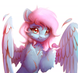 Size: 1981x1854 | Tagged: safe, artist:itssim, oc, oc only, oc:vesperal breeze, pegasus, pony, commission, eyebrows, feather, female, fluffy, looking at you, mare, pegasus oc, scar, self harm, self harm scars, simple background, smiling, smiling at you, solo, spread wings, white background, wings