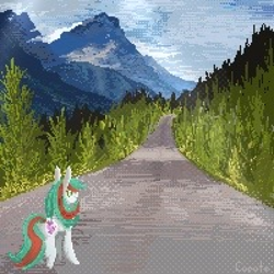 Size: 3200x3200 | Tagged: safe, artist:cupute, oc, oc only, pony, unicorn, cloud, cloudy, gusty winds, high res, mountain, mountain range, pixel art, scenery, scenery porn, solo, tree