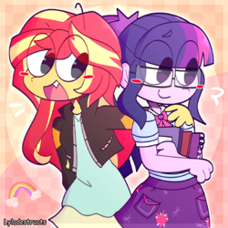 Size: 2000x2000 | Tagged: safe, artist:lyladestructs, sci-twi, sunset shimmer, twilight sparkle, human, equestria girls, g4, blush sticker, blushing, clothes, duo, female, high res, looking at each other, looking at someone, smiling, smiling at each other