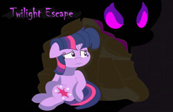 Size: 1280x828 | Tagged: safe, artist:lightcartoon2019, twilight sparkle, pony, unicorn, g4, bricks, dark background, dark magic, duo, ears back, eye mist, fan game, fear, female, floppy ears, glowing, glowing eyes, hiding, magic, monster, not king sombra, not sombra, not umbrum, rock, scared, shadow creature, smoke, twilight escape, unicorn twilight