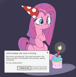 Size: 887x889 | Tagged: safe, artist:anonymous, pinkie pie, earth pony, pony, g4, birthday, bitter truth, candle, cupcake, error message, existential dread, female, fire, food, frown, hat, mare, meme, microsoft, microsoft windows, party hat, pinkamena diane pie, ponified animal photo, ponified meme, reality ensues, regret, sad, sitting, solo, truth