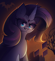 Size: 2500x2750 | Tagged: safe, artist:miryelis, rarity, pony, unicorn, g4, dark, female, glowing, glowing eyes, goth, halloween, high res, holiday, horn, looking at you, mare, smiling, smiling at you, solo, standing
