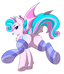 Size: 5000x5711 | Tagged: source needed, safe, artist:haruk, oc, oc only, oc:sweetie swirl, bat pony, pony, blue tongue, butt, clothes, featureless crotch, femboy, looking back, male, multicolored hair, plot, rear view, simple background, socks, solo, striped socks, thighs, thunder thighs, tongue out, white background