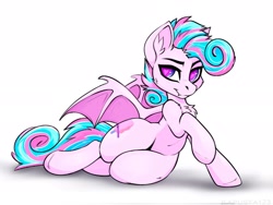 Size: 2048x1544 | Tagged: source needed, safe, artist:kapusta123, oc, oc only, oc:sweetie swirl, bat pony, pony, chest fluff, commission, draw me like one of your french girls, ear fluff, femboy, heart, heart eyes, lying down, male, multicolored hair, simple background, solo, thighs, thunder thighs, white background, wingding eyes, ych result