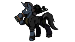 Size: 1600x907 | Tagged: safe, artist:3elehbly, oc, oc only, oc:reminor, pony, unicorn, ashes town, fallout equestria, beard, boots, clothes, facial hair, gloves, green eyes, gun, handgun, horn, jacket, looking back, pants, revolver, shoes, shotgun, simple background, solo, transparent background, unicorn oc, weapon