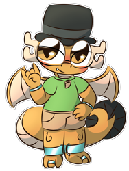 Size: 2400x3200 | Tagged: safe, artist:cushyhoof, oc, oc only, oc:myoozik the dragon, dragon, blushing, bracelet, clothes, commission, cute, dragon oc, dragon wings, fangs, gesture, glasses, hat, jewelry, looking at you, male, necklace, non-pony oc, shirt, simple background, solo, t-shirt, transparent background, wings