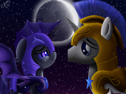 Size: 2672x2000 | Tagged: safe, artist:bethiebo, oc, oc only, oc:flashbang, oc:starbright, bat pony, pony, unicorn, high res, moon, night guard, royal guard